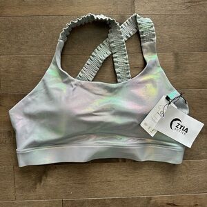 NWT ZYIA Active Grey Metallic Plus Light n Tight Ruffle Sports Bra/swim top XL